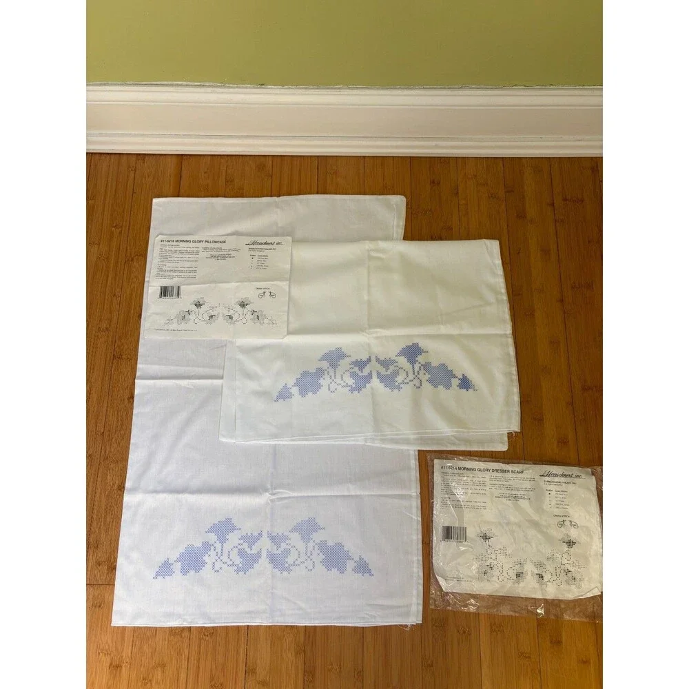 New Herrschners Morning Glory Cross Stitch Kit Pillowcases & Dresser Scarf Set